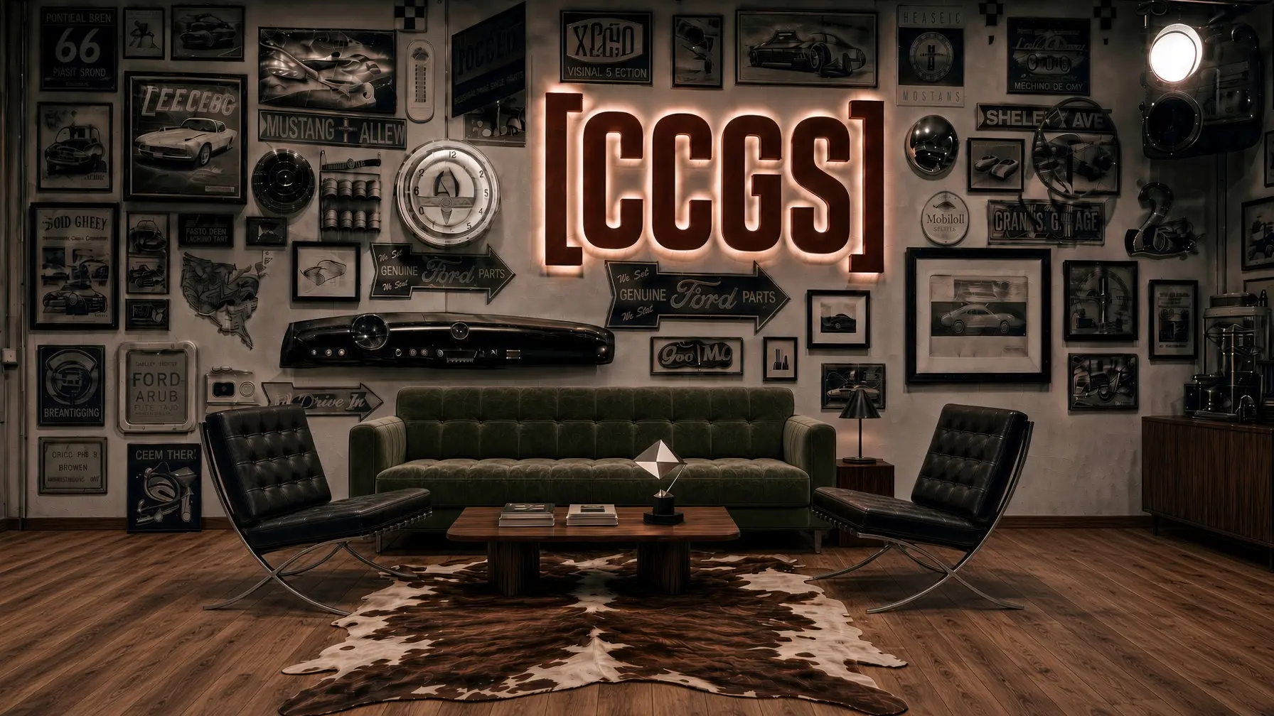 Vintage automotive lounge with illuminated CCGS wall sign, leather chairs, and a green sofa